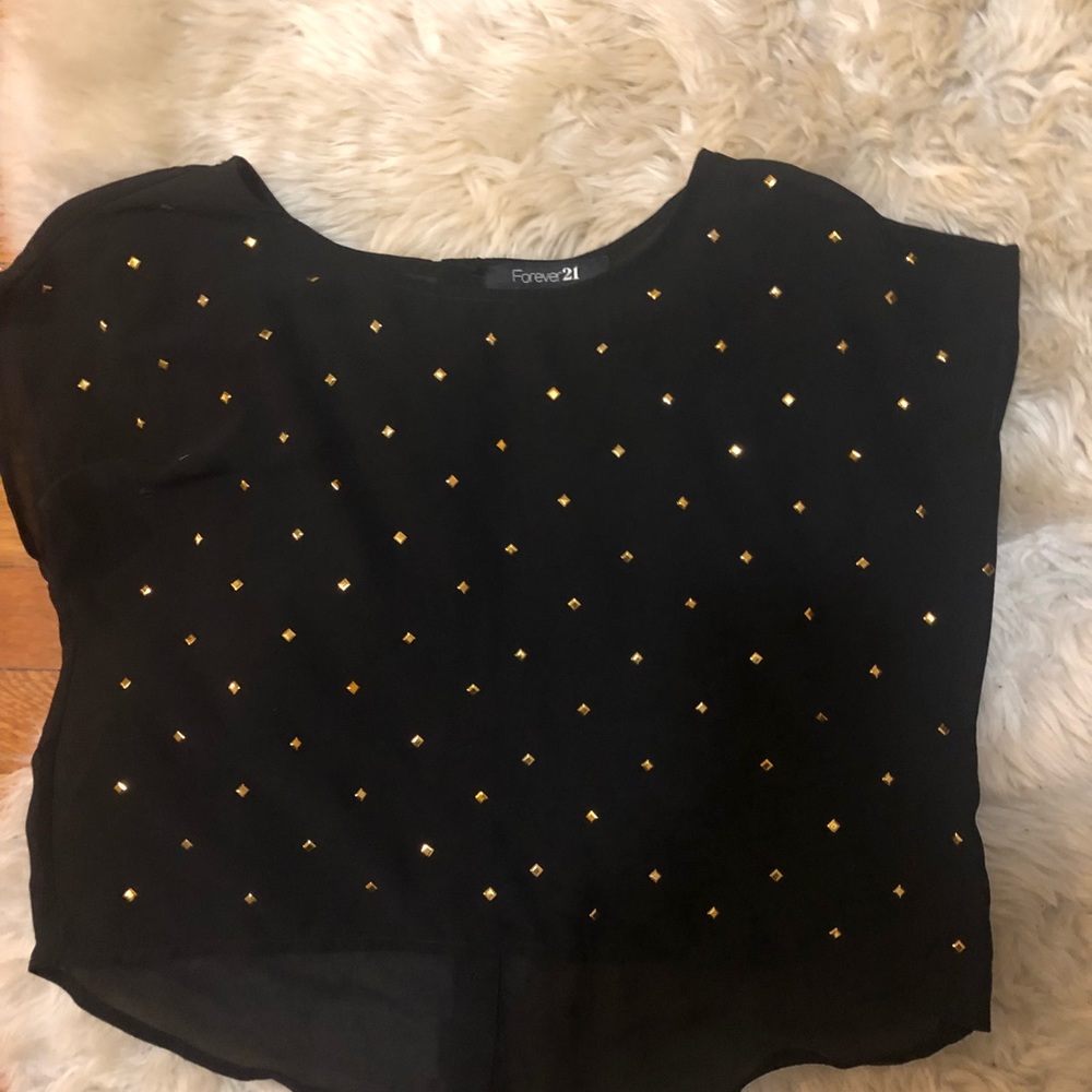 Sheer studded top shirt black button M rivets